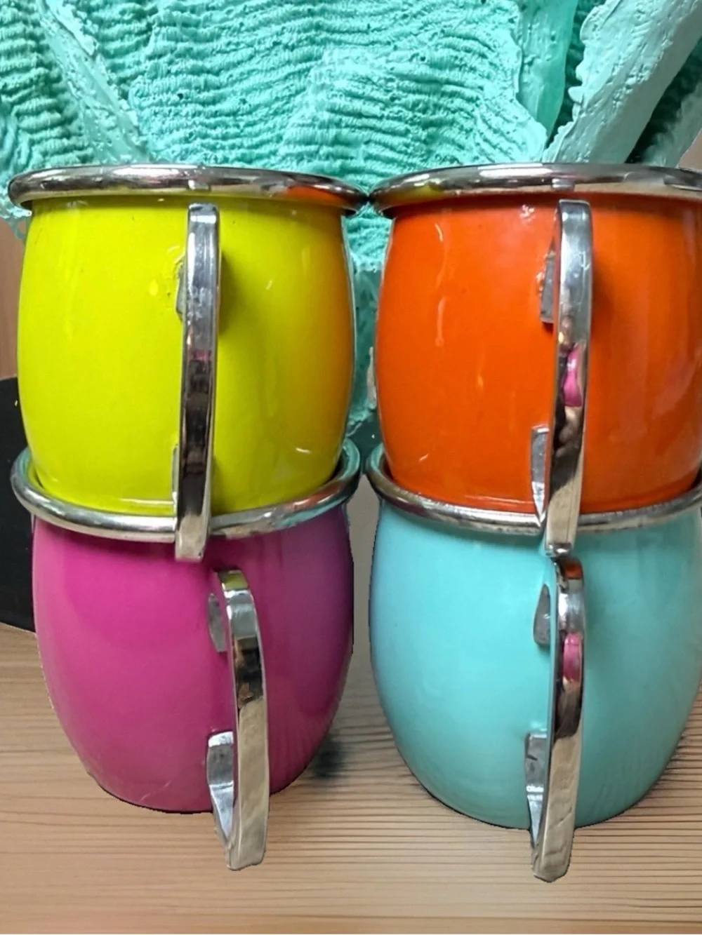 Vintage Pier 1 Bright Enamel Espresso Cups Set - Yellow, Orange, Pink, Aqua